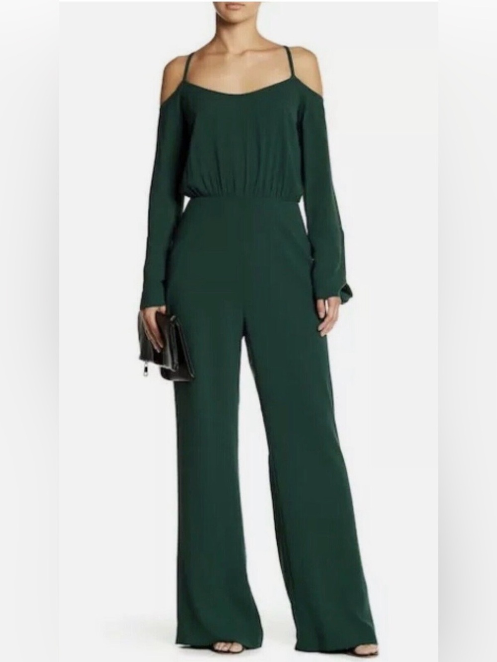 BCBG MaxAzria Jordane Cold Shoulder Wide Leg Jumpsuit Forest Green